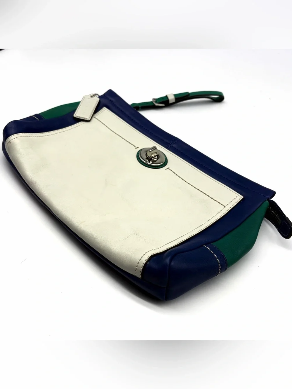 Coach Navy, White & Green Leather Color Block Large Wristlet Clutch Bag Zip Lock